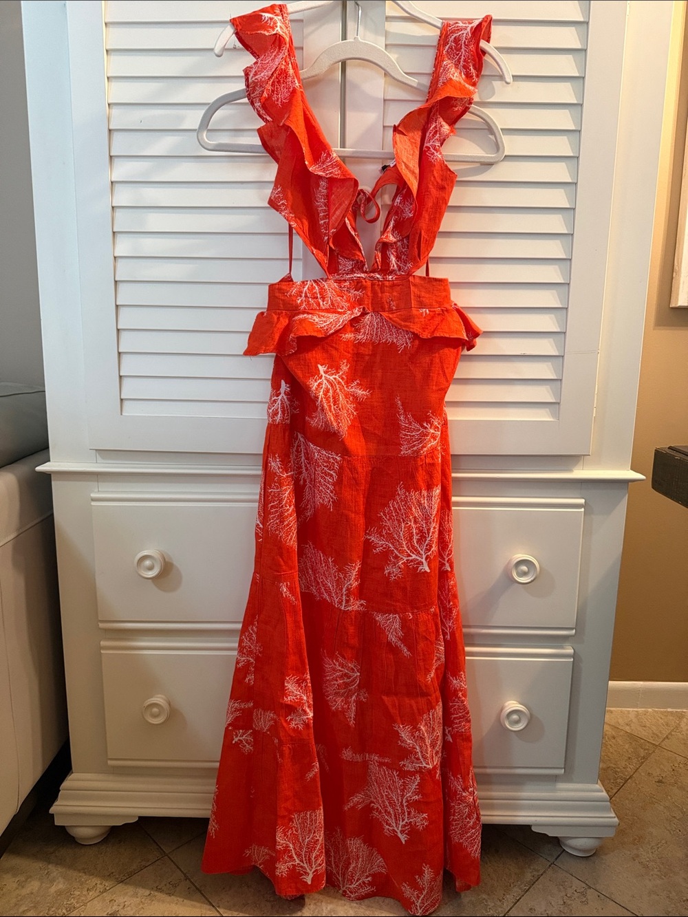 Karina Grimaldi Red Ruffled Maxi Dress with White Coral Print